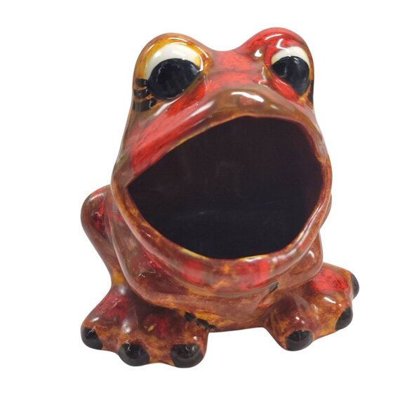 Vtg Ceramic Frog Sponge Holder Hand-painted 1970s Big Mouth Splatter Red Brown - Picture 6 of 15